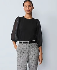 Ann Taylor Puff Sleeve Mixed Media Top Black Women's