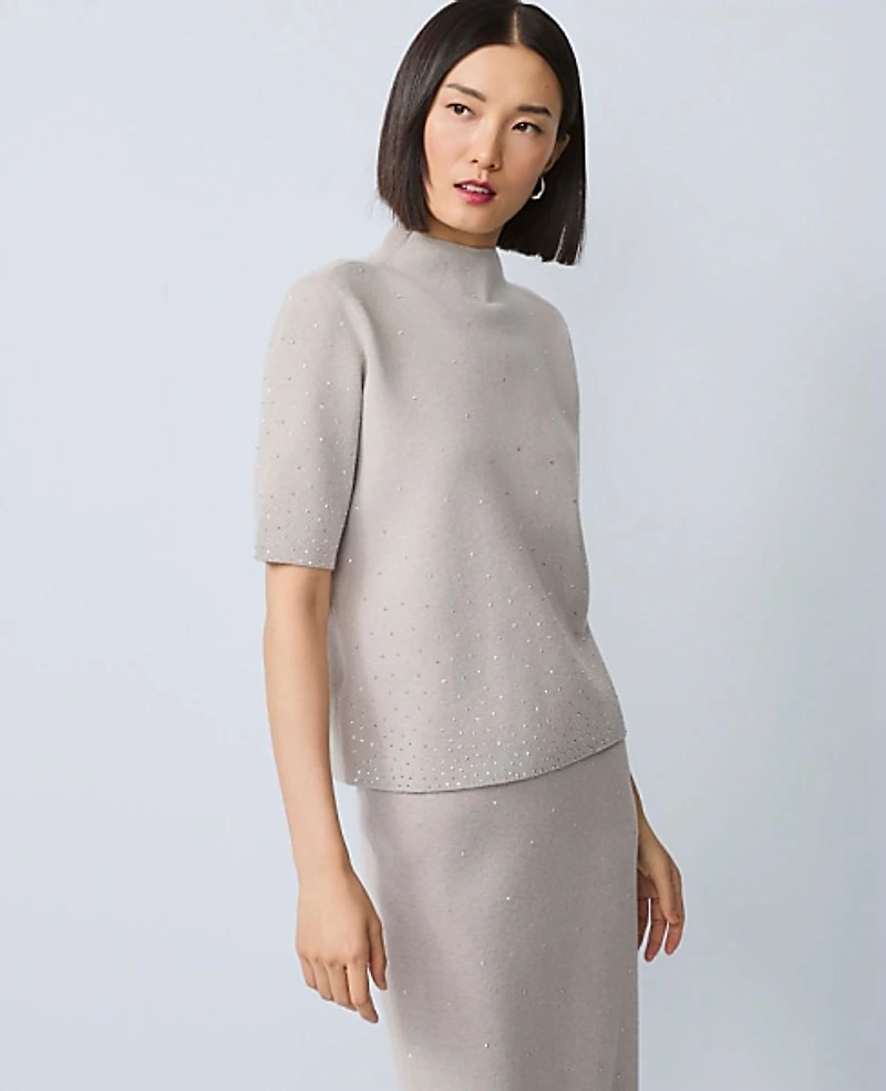 Ann Taylor Embellished Mock Neck Sweater T-Shirt Medium Light Heather Grey Women's