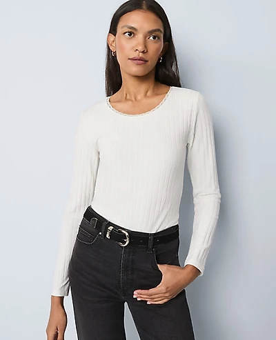 Ann Taylor Weekend Lace Trim Pointelle Top Size XS Winter White Women's