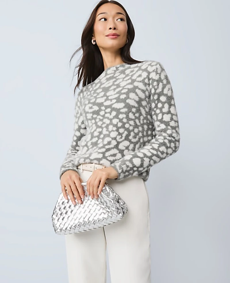 Ann Taylor Leopard Print Sweater Medium Heather Grey Women's
