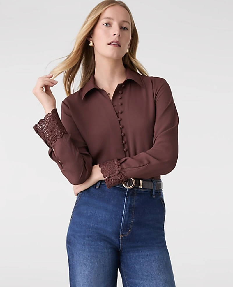 Ann Taylor Modern Lace Trim Blouse Size Small Rich Walnut Women's