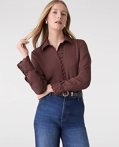 Ann Taylor Modern Lace Trim Blouse Size Small Rich Walnut Women's