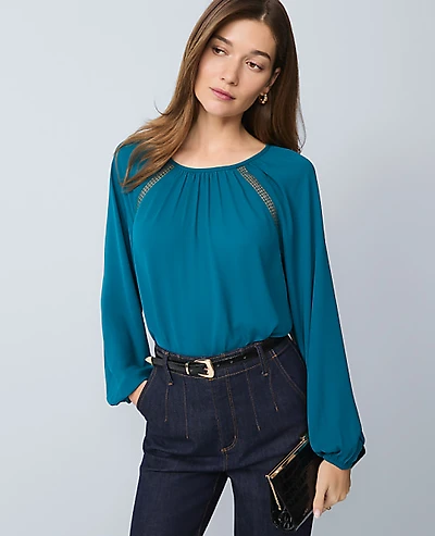 Ann Taylor Lace Trim Mixed Media Blouse Size 2XS Pacific Shore Women's