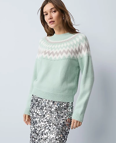 Ann Taylor Fair Isle Mock Neck Sweater Green Multi Women's