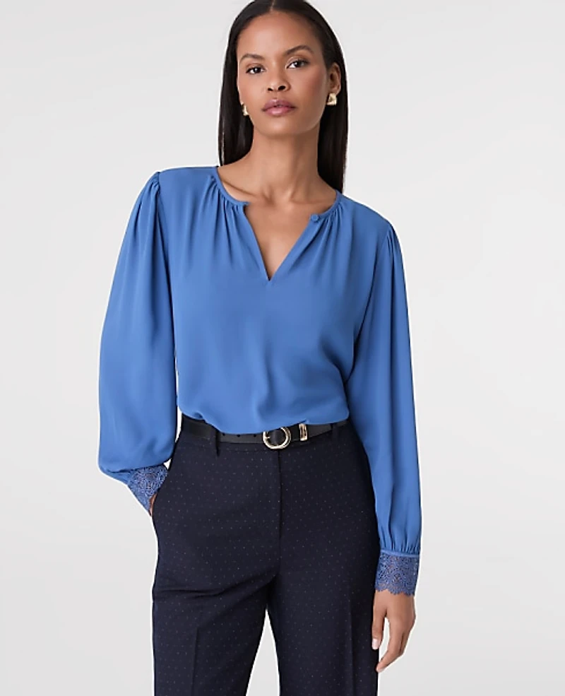 Ann Taylor Lace Trim Blouse Size XS Refreshingly Blue Women's