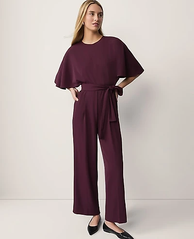 Ann Taylor Petite Belted Crew Neck Jumpsuit Poised Plum Women's