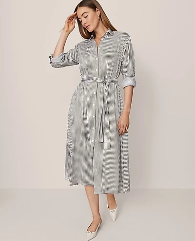 Ann Taylor Petite Striped Collared Midi Shirtdress Size 0 Muted Moss Women's