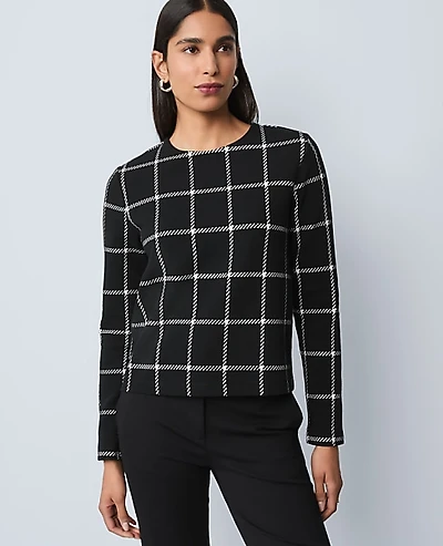 Ann Taylor Windowpane Knit Top Black Women's