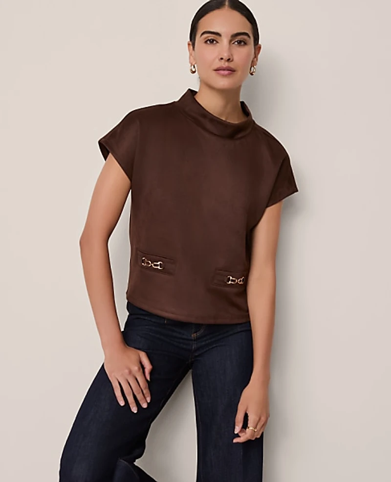 Ann Taylor Petite Faux Suede Horsebit Top Size 2XS Dark Brown Women's