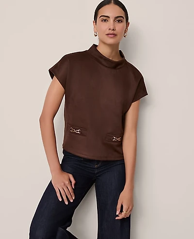 Ann Taylor Petite Faux Suede Horsebit Top Size 2XS Dark Brown Women's