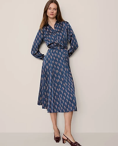 Ann Taylor Petite Paisley Pleated Flare Midi Dress Moonlit Backdrop Women's