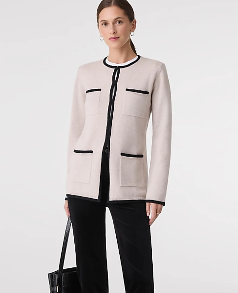Ann Taylor Contrast Trim Sweater Jacket Pale Sand Heather Women's