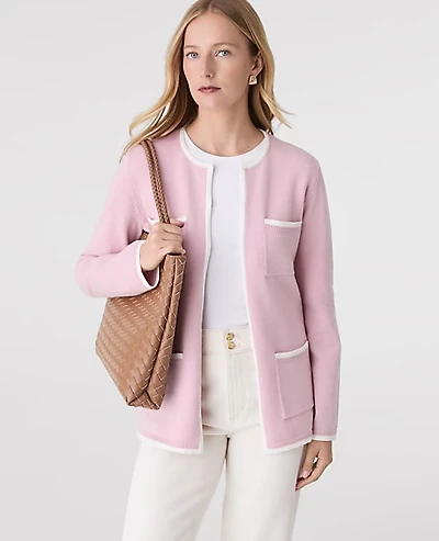 Ann Taylor Contrast Trim Sweater Jacket Pale Women's