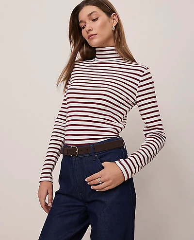 Ann Taylor Petite Weekend Striped Turtleneck Top Cherry Pie Women's