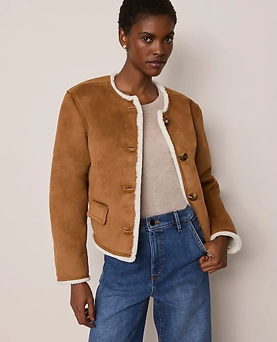 Ann Taylor Petite Faux Suede Crew Neck Jacket White Fur/ Tan Women's