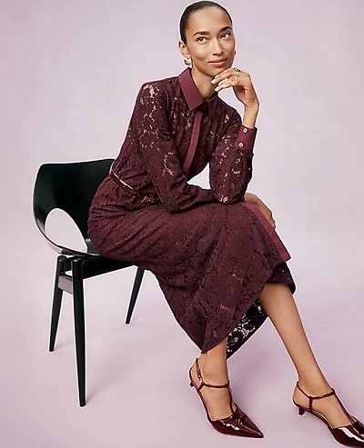 Ann Taylor Petite Belted Lace Midi Shirtdress Size 00 Poised Plum Women's