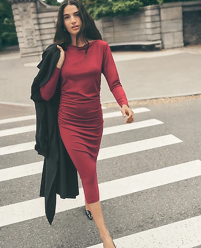Ann Taylor Petite Ruched Knit Midi Dress Size 14 Cherry Pie Women's