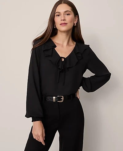 Ann Taylor Petite Tie Neck Ruffle Blouse Size 2XS Black Women's