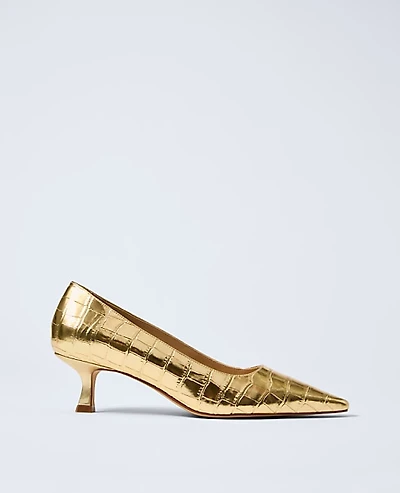 Ann Taylor Metallic Croco Kitten Heel Pump Size 7 1/2 Gold Women's