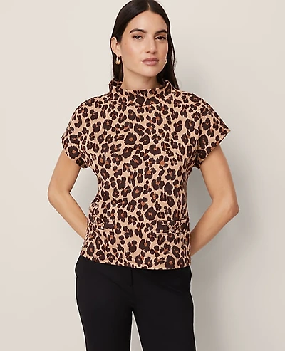 Ann Taylor Petite Animal Print Horsebit Mock Neck Top Almond Croissant Women's
