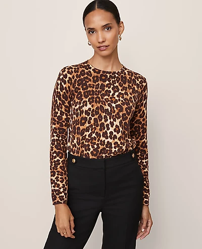 Ann Taylor Petite Animal Print Essential Crew Neck Sweater Brown Women's