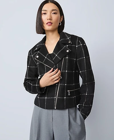 Ann Taylor The Petite Fitted Moto Jacket Windowpane Black Women's