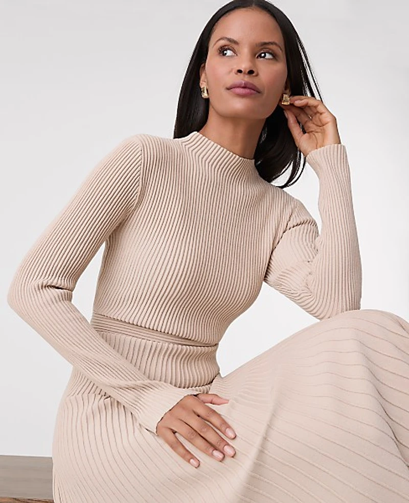 Ann Taylor Petite Ribbed Mock Neck Sweater Dress Pale Sandalwood Women's
