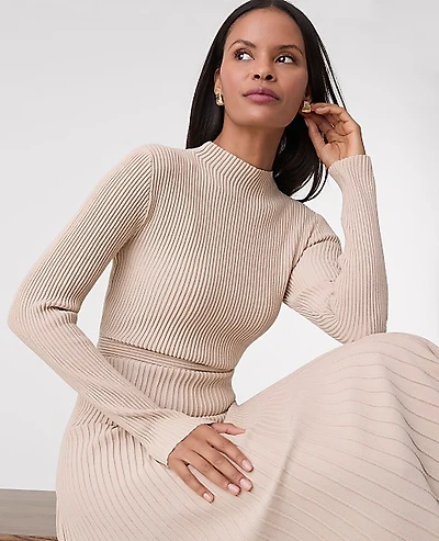 Ann Taylor Petite Ribbed Mock Neck Sweater Dress Pale Sandalwood Women's