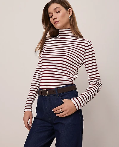Ann Taylor Weekend Striped Turtleneck Top Cherry Pie Women's