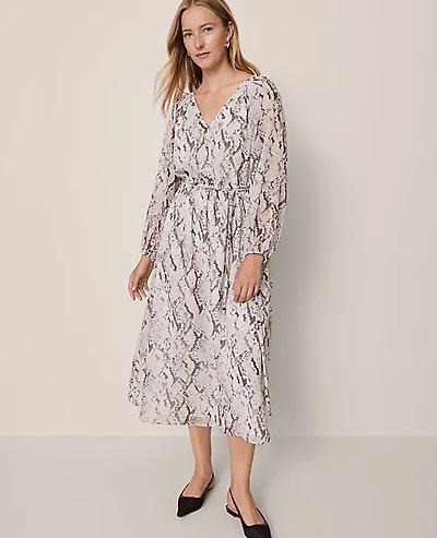Ann Taylor Petite Snake Print Flare Midi Dress Winter White Women's