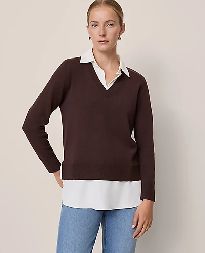Ann Taylor Petite Layered Mix Media Sweater Size XS Pure Chocolate Women's