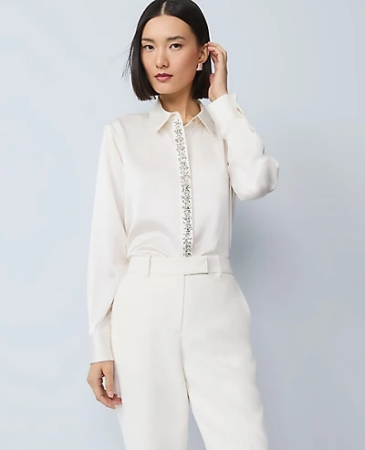 Ann Taylor Embellished Satin Essential Shirt Size Large Winter White Women's