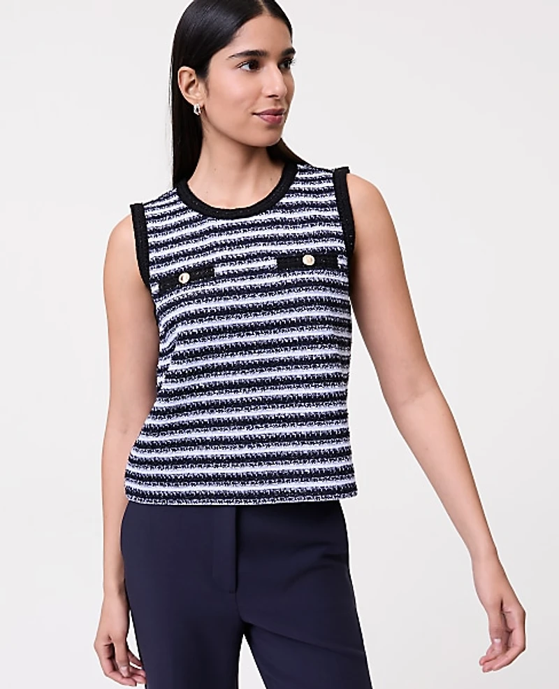 Ann Taylor Striped Tweed Trim Top Navy/White Women's