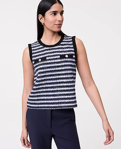 Ann Taylor Striped Tweed Trim Top Navy/White Women's