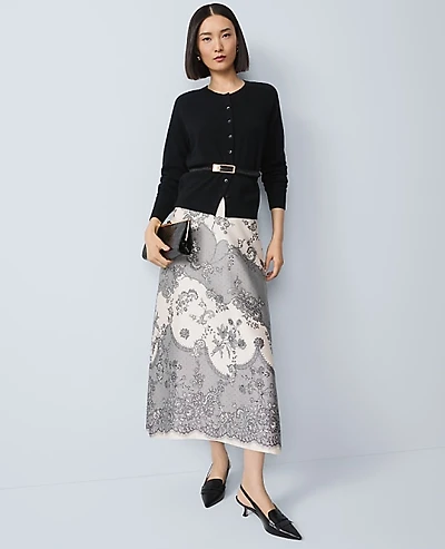 Ann Taylor Petite Floral Satin Midi Skirt Size 00 Ivory Whisper Women's