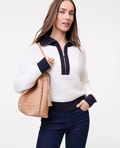Ann Taylor Weekend Striped Half-Zip Sweater Winter White Women's
