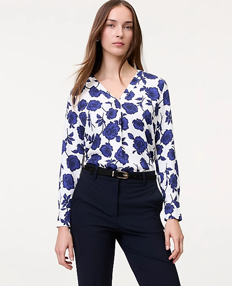 Ann Taylor Floral Mixed Media Pleat Front Top Electric Periwinkle Women's