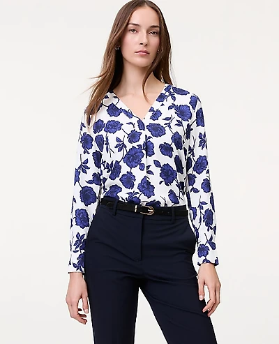 Ann Taylor Floral Mixed Media Pleat Front Top Electric Periwinkle Women's
