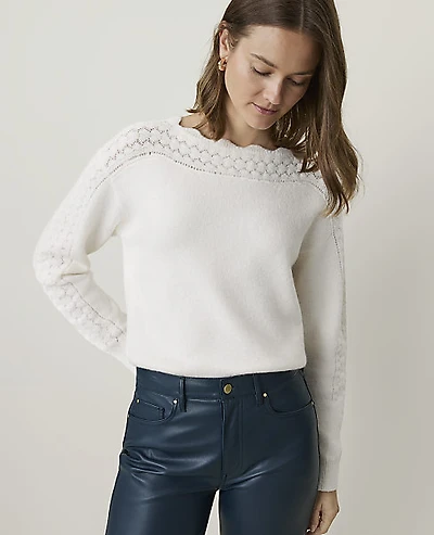 Ann Taylor Petite Pointelle Trim Sweater Size Small Winter White Women's