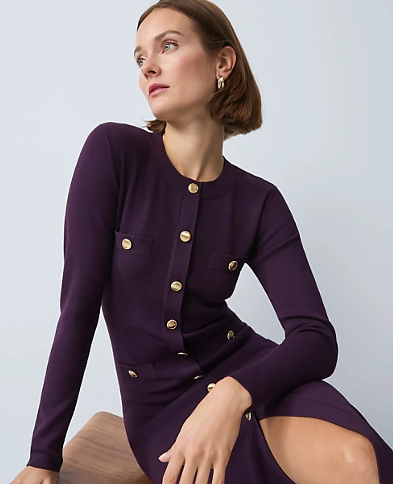 Ann Taylor Petite Crew Neck Button Sweater Dress Size Medium Aubergine Dream Women's
