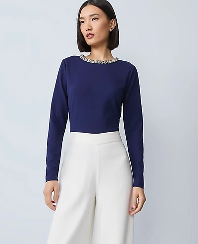 Ann Taylor Ponte Embellished Crew Neck Top Women's