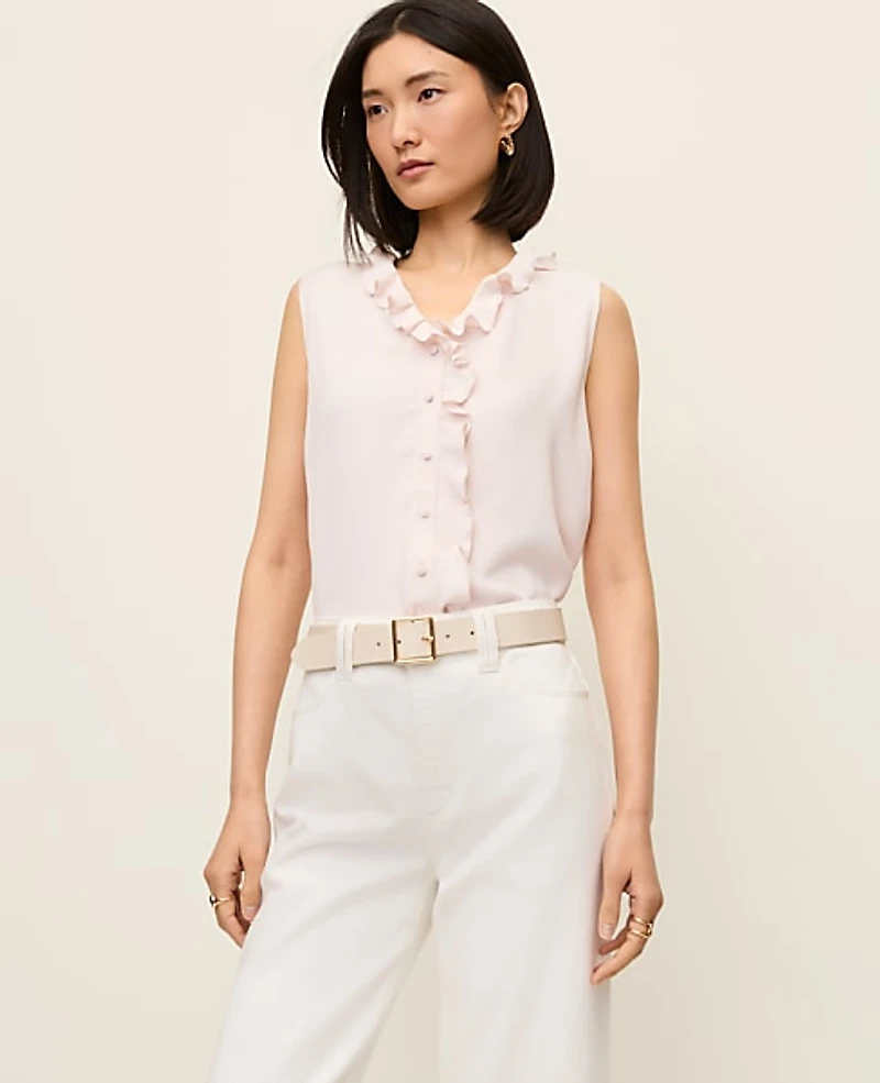 Ann Taylor Mixed Media V-neck Ruffle Shell Top Medium Women's