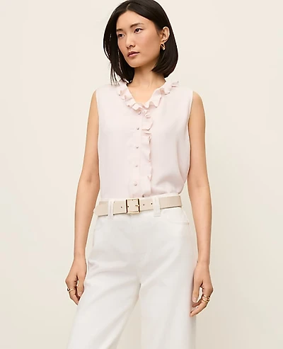 Ann Taylor Mixed Media V-neck Ruffle Shell Top Medium Women's