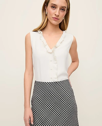 Ann Taylor Mixed Media V-neck Ruffle Shell Top Winter White Women's