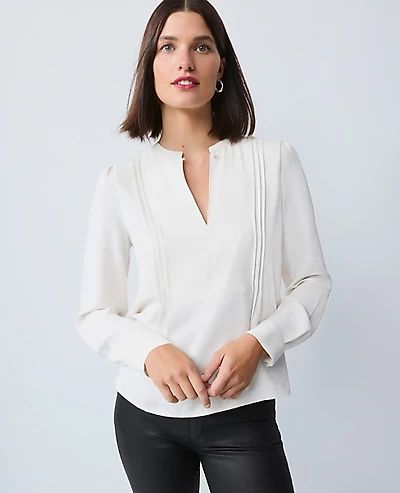 Ann Taylor Mixed Media Pintuck Top Winter White Women's