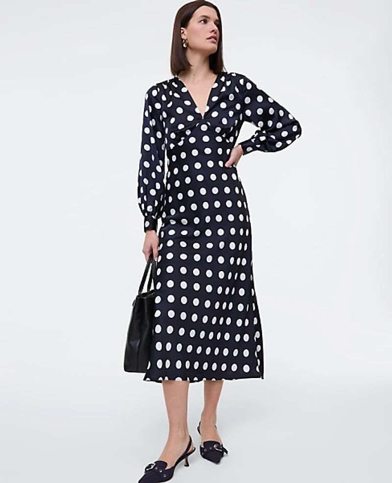 Ann Taylor Satin Dotted Midi Dress Night Sky Women's