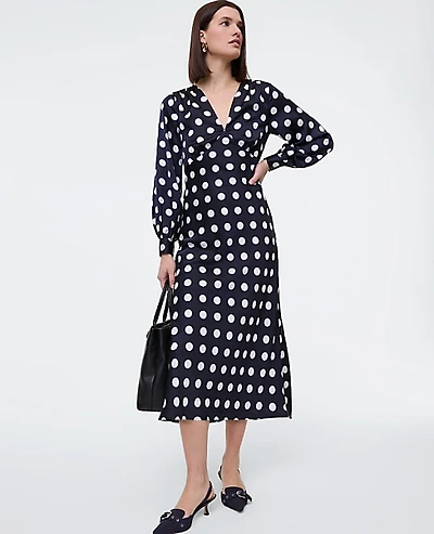 Ann Taylor Satin Dotted Midi Dress Night Sky Women's