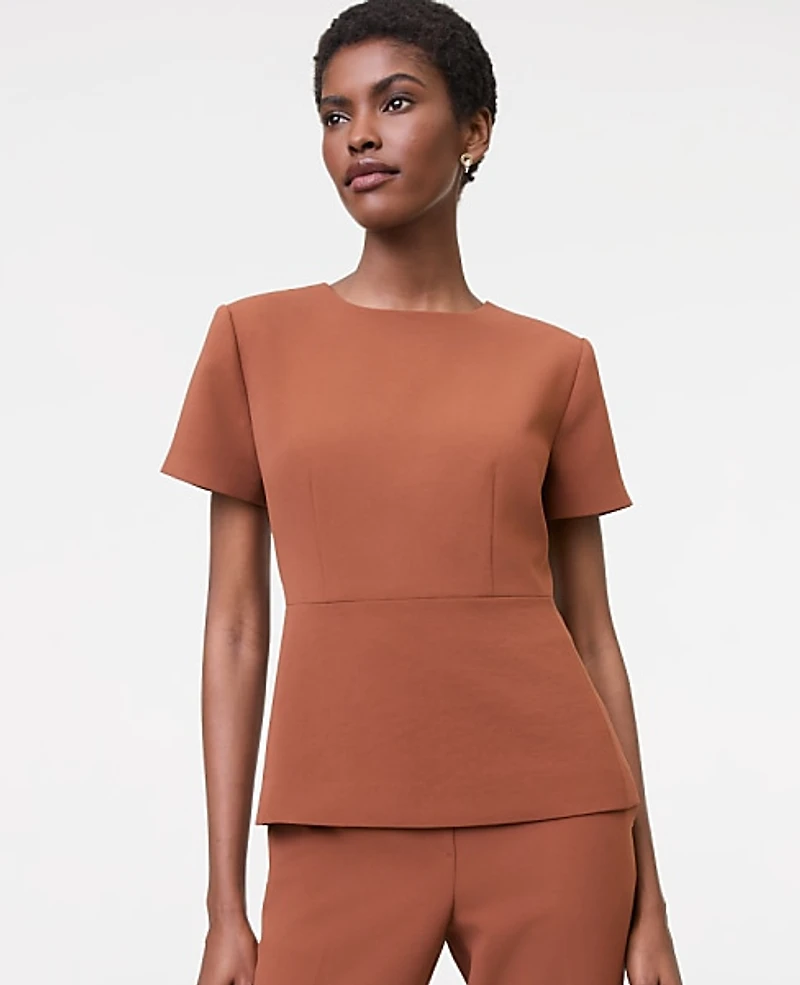 Ann Taylor The Crew Neck Peplum Top in Textured Crepe Size 14 Tortoise Shell Brown Women's