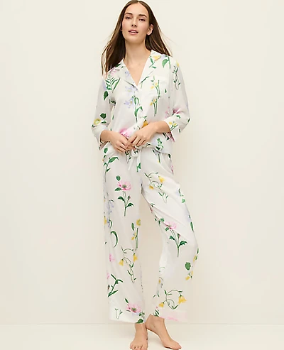 Ann Taylor Floral Satin Pajama Set Winter White Women's