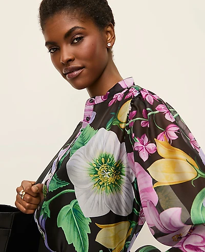Ann Taylor Floral Ruffle Trim Blouse Black Women's